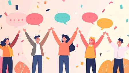 Group of young people celebrating success with speech bubbles and confetti. Flat vector illustration.のイラスト素材