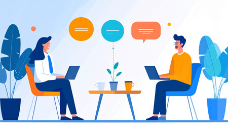 People sitting at table with laptops and talking. Flat vector illustration.のイラスト素材