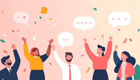 Group of happy young people celebrating success with speech bubbles. Cheerful business people raising hands up and celebrating success. Flat vector illustration.のイラスト素材