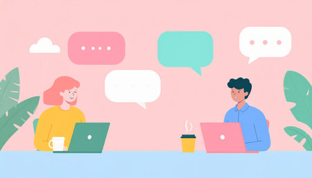 Woman and man using laptops and talking to each other. Vector illustrationのイラスト素材