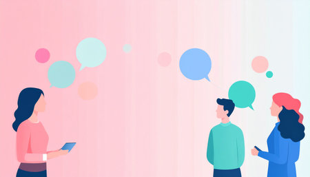 People talking with speech bubbles on pink background. Flat vector illustration.のイラスト素材