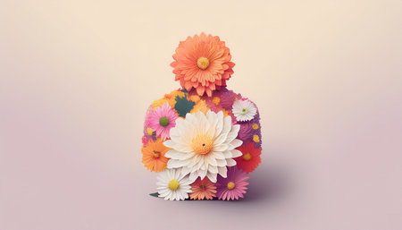 Colorful flowers in vase on pastel background with space for text