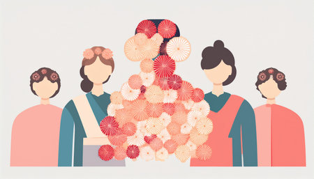 Japanese family with a lot of flowers. Vector illustration in flat style.のイラスト素材
