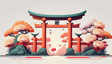 Japanese traditional gate and cherry blossom. Vector illustration in retro style.のイラスト素材