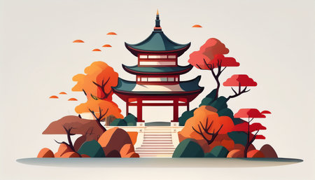 Autumn landscape with pagoda. Vector illustration in flat style.のイラスト素材
