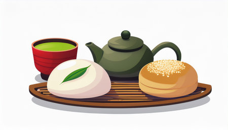 Vector illustration of Japanese tea set on a bamboo tray with green teaのイラスト素材