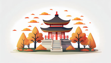 Autumn landscape with pagoda. Vector illustration in flat style.のイラスト素材