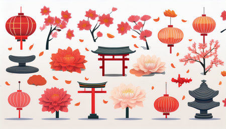 Japanese lanterns, flowers and cherry blossom. Vector illustration.のイラスト素材