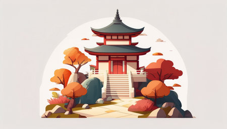 Autumn landscape with traditional chinese architecture. Vector illustration in flat style.のイラスト素材