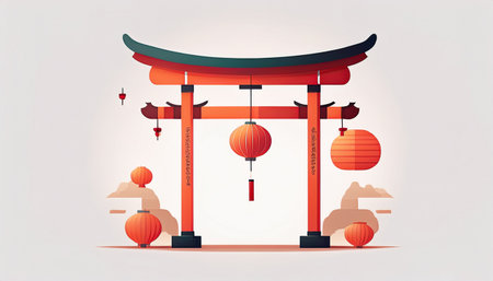 Chinese gate with lanterns. Vector illustration in a flat style.のイラスト素材