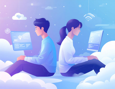 Man and woman are sitting on the clouds and looking at the tablet.のイラスト素材