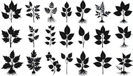 Set of black silhouettes of leaves and roots. Vector illustration.のイラスト素材