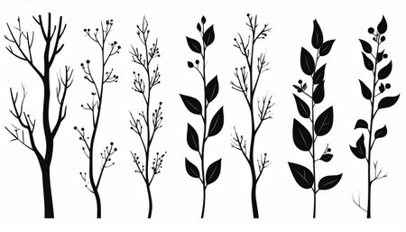 Set of silhouettes of tree branches with leaves. Vector illustration.のイラスト素材
