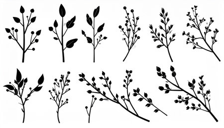 Set of hand drawn branches and leaves. Black and white vector illustration.のイラスト素材