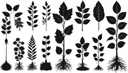 Set of black silhouettes of plants with roots. Vector illustration.のイラスト素材