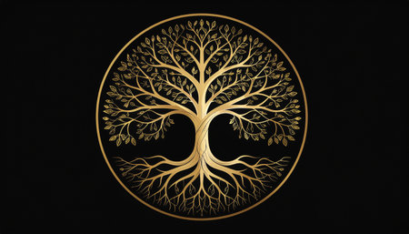 Illustration of golden tree on black background with golden circle for your designのイラスト素材