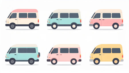 Set of retro van vector illustration in flat cartoon style. Collection of vintage minivan.のイラスト素材