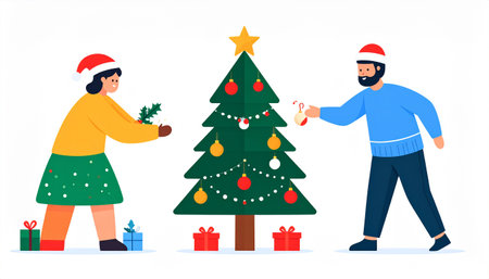 Man and woman decorating christmas tree. Merry Christmas and Happy New Year. Vector illustrationのイラスト素材