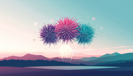Fireworks on the background of the mountains and the lake. Vector illustration.のイラスト素材