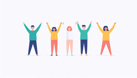 Group of happy people raising hands up. Teamwork concept. Vector illustrationのイラスト素材