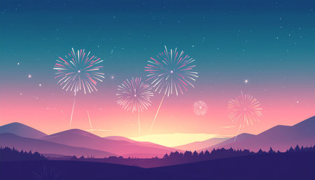 Fireworks in the night sky with silhouette of mountains. Vector illustration.のイラスト素材