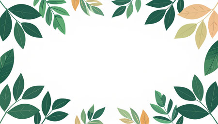 Green leaves frame on white background with copy space. Vector illustration.