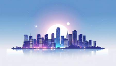 City skyline at night with reflection in water and full moon. Vector illustration.のイラスト素材
