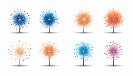 Set of colorful fireworks on white background. Vector illustration for your design