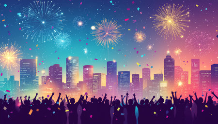 Happy New Year background with fireworks and crowd of people. Vector illustration.のイラスト素材