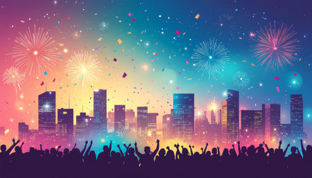 Crowd of people and fireworks on night city background. Vector illustration.のイラスト素材