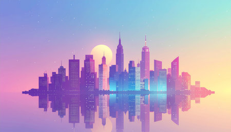 Cityscape at sunset with skyscrapers and reflection. Vector illustration.のイラスト素材