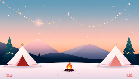 Night camping in the mountains with a bonfire. Vector illustration.のイラスト素材
