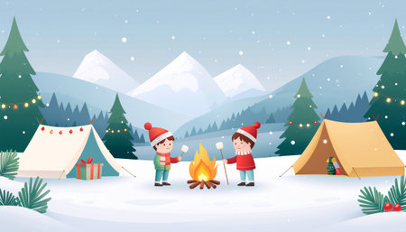 Vector illustration of children camping in the mountains. Cute cartoon kids with bonfire and christmas tree.のイラスト素材