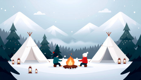 Camping in the woods. Camping in the mountains. Cartoon vector illustration.のイラスト素材