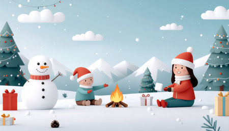 Merry Christmas and Happy New Year greeting card with Santa Claus and Snowman. Vector illustration.のイラスト素材