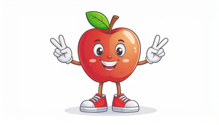 Cheerful red apple mascot design with two fingers. Vector illustrationのイラスト素材