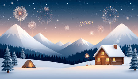 Winter landscape with a wooden house in the mountains and fireworks. Vector illustration.のイラスト素材