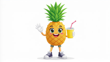 Pineapple character holding a glass of juice. Vector illustration.のイラスト素材