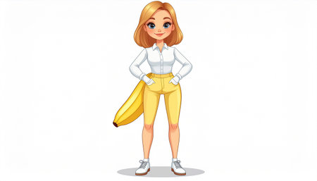 Vector illustration of cute cartoon girl with banana on a white background.のイラスト素材