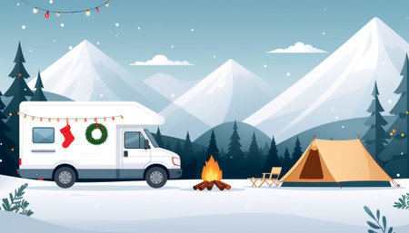 Camping trailer with christmas tree and garland in the mountains. Vector illustration.のイラスト素材