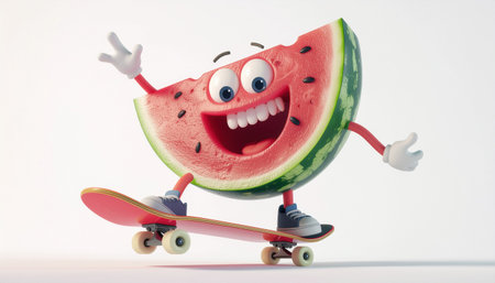 Watermelon character with skateboard on white background. 3d illustrationのイラスト素材