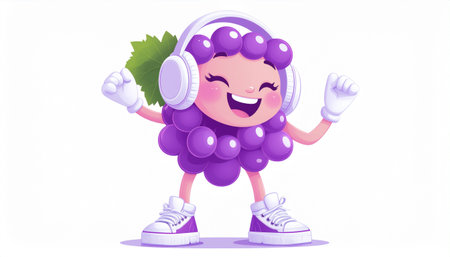 Illustration of a Cute Purple Grape Wearing Wireless Headphonesのイラスト素材