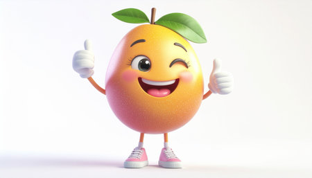 Funny mango character with thumbs up on white background. 3d illustrationのイラスト素材