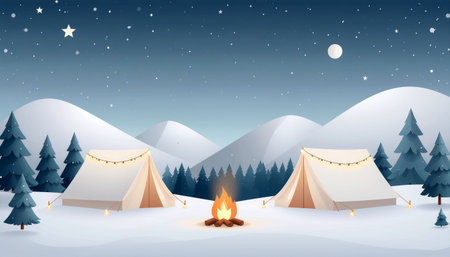Camping at night with bonfire and tents. Vector illustration.のイラスト素材