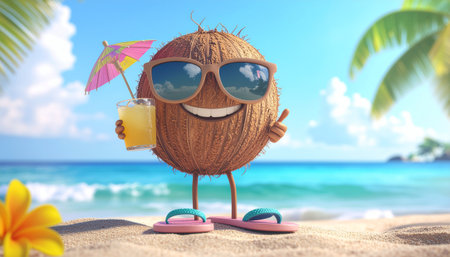 Coconut with sunglasses and cocktail on the beach. 3d illustrationのイラスト素材