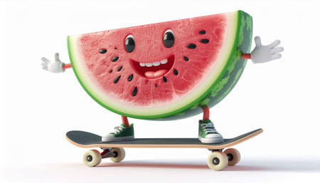 Watermelon character on skateboard isolated on white background. 3d illustrationのイラスト素材
