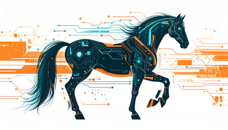 Horse on the background of the electronic circuit. Vector illustration.のイラスト素材