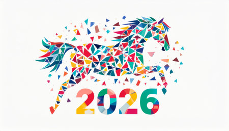 Happy new year card with polygonal horse on white background.のイラスト素材
