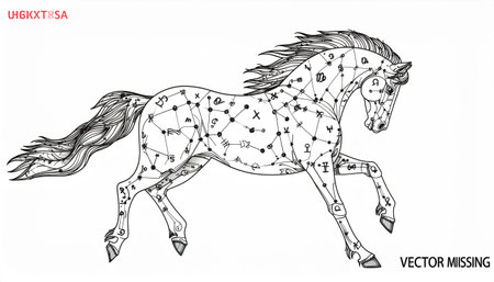 Horse constellation. Black and white hand drawn vector illustration isolated on white background.のイラスト素材