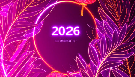 Happy New Year 2026. Greeting card in neon styleのイラスト素材